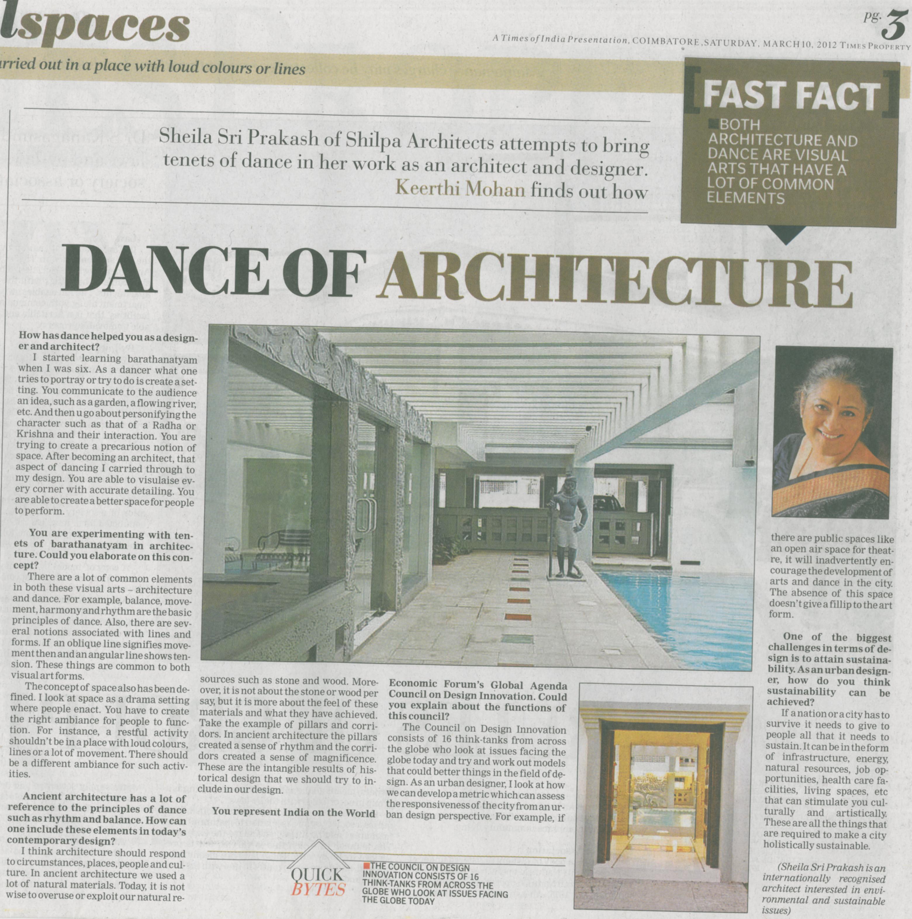 Times of India, 10 Mar 2012: DANCE OF ARCHITECTURE