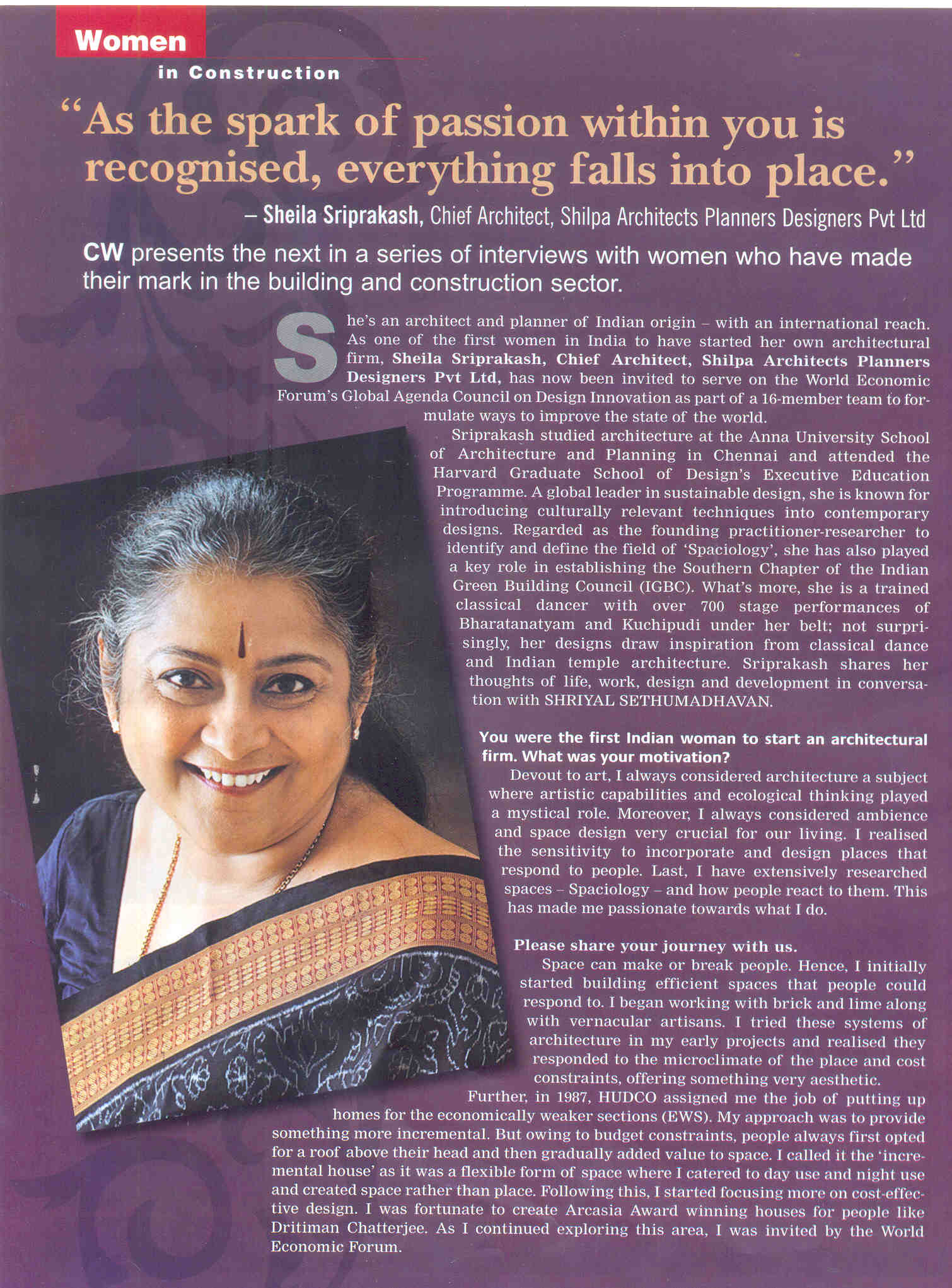 Construction World, Nov 2012: Women in Construction interview with Sheila Sri Prakash of Shilpa Architects