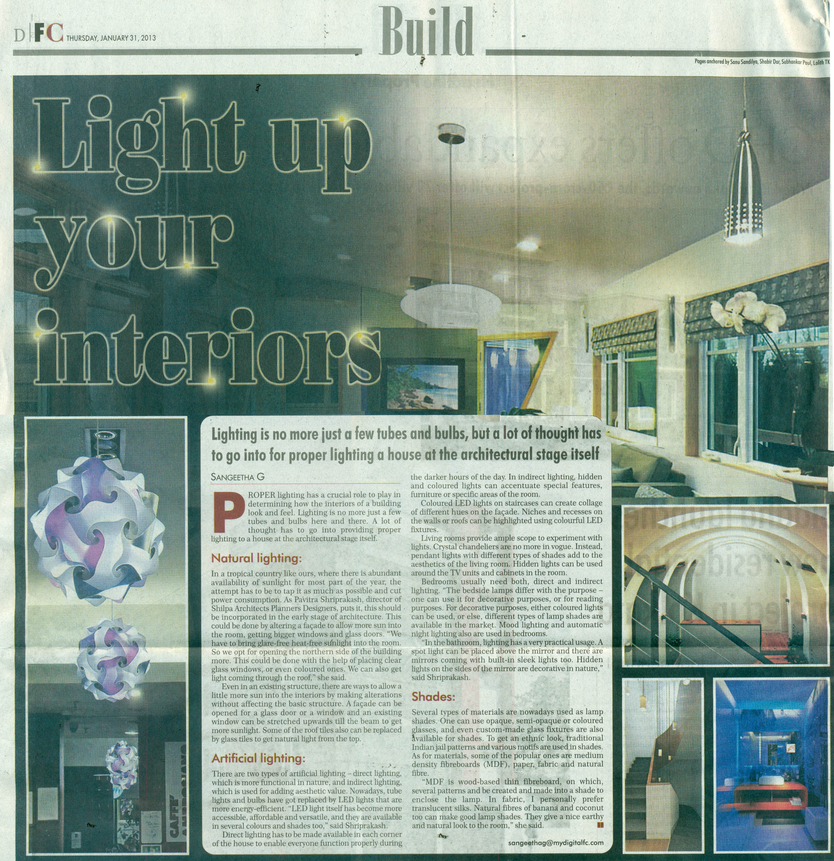 Financial Chronicle, 31 Jan 2013: Light up your interiors with Pavitra Sriprakash, Chief Designer at Shilpa Architects.