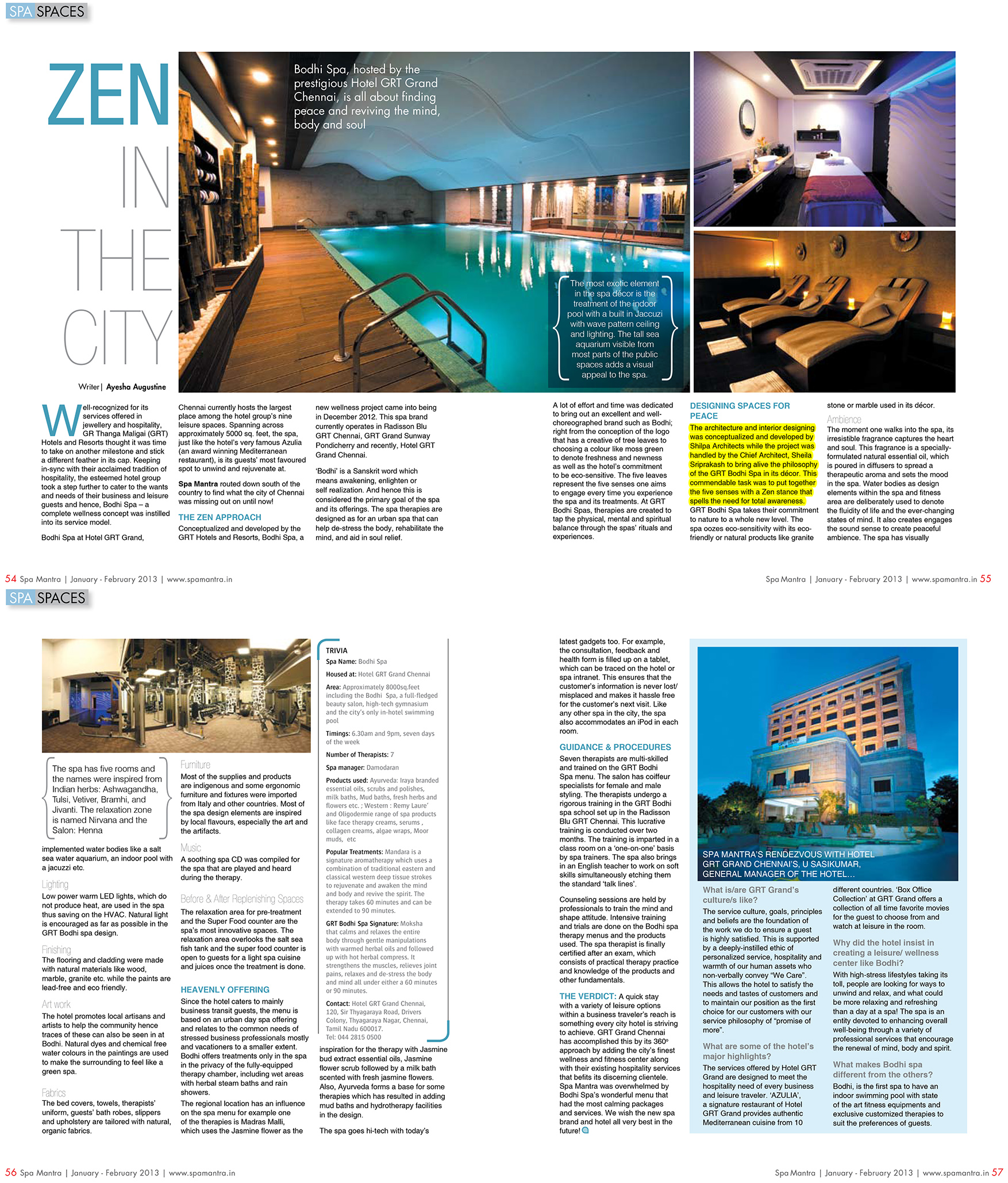 Spa Mantra, Jan/Feb 2013 - Zen in the City - GRT Bodhi Spa designed by Shilpa Architects