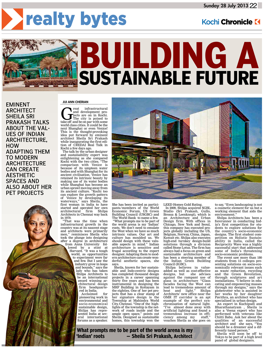 28 Jul 2013, Deccan Chronicle - BUILDING A SUSTAINABLE FUTURE: