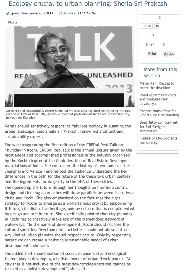 26 Jul 2013, The New Indian Express: Ecology crucial to urban planning: Sheila Sri Prakash
