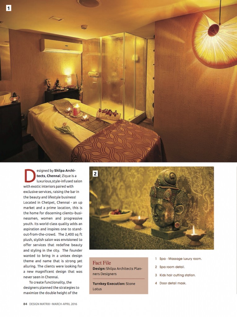 Design Matrix Zique Mar-Apr16 Issue Pavitra Sriprakash - Salon Spa Interiors