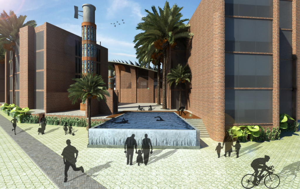 A view of the residential complex with the swimming pool, jogging track and yoga terrace