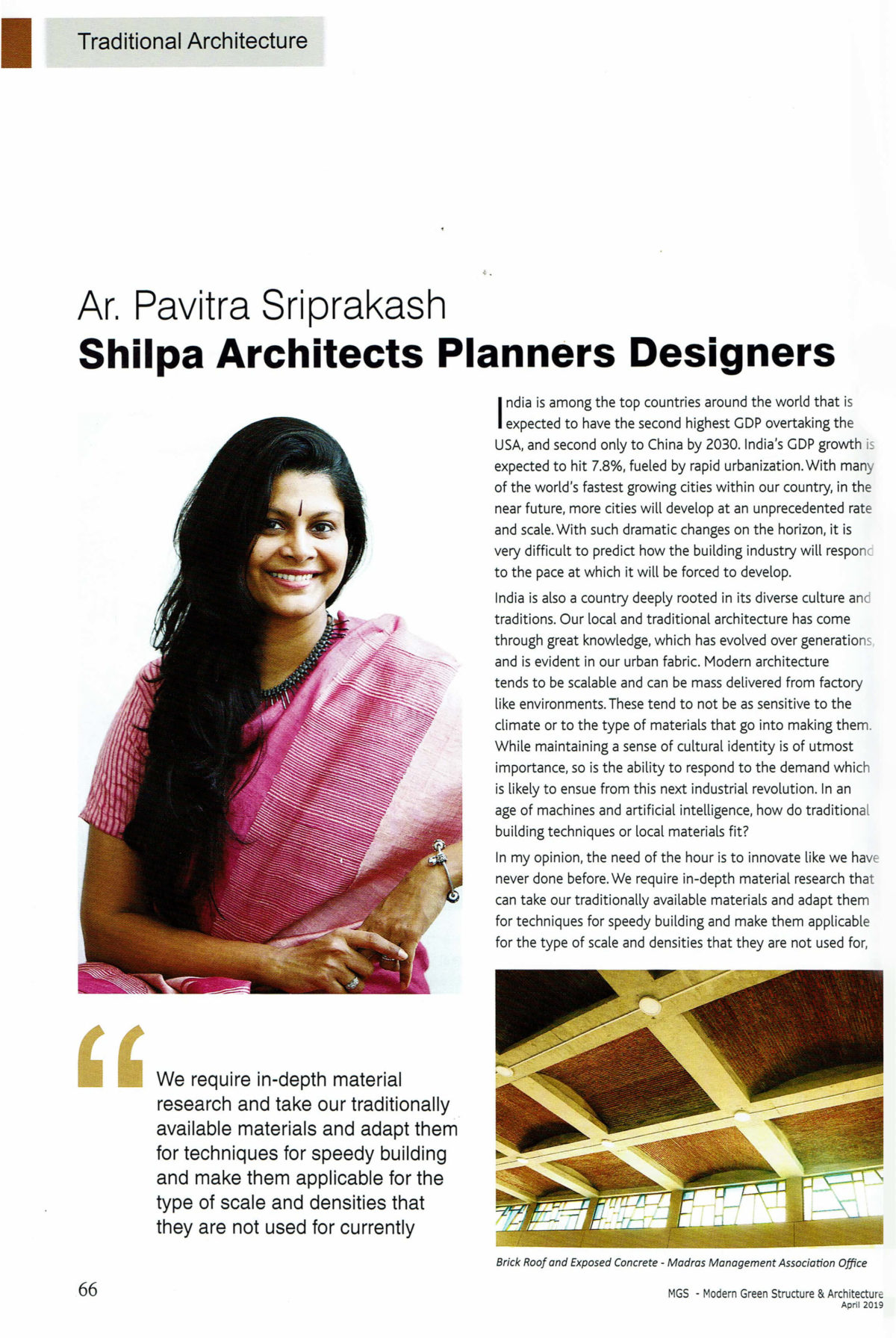Pavitra Sriprakash, the Chief Designer and Director of Shilpa Architects Planners Designers is featured in the MGS Architecture magazine 2019.